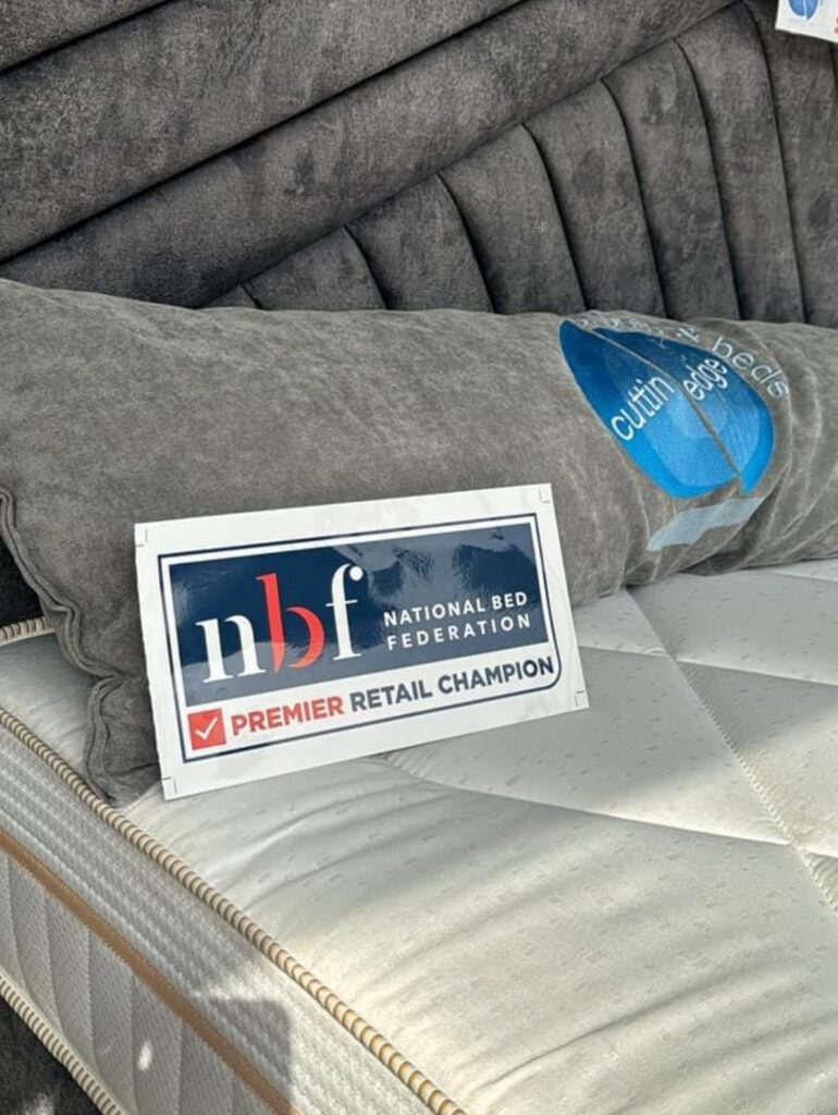 National Bed Federation Premier Retail Champion certificate at Cuttin Edge Carpets and Beds, Halifax
