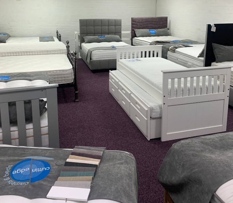 Beds on display in the Cuttin Edge showroom on Ovenden Road, Halifax