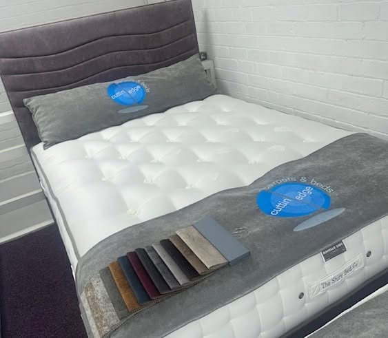 Fabric bed with colour swatches showing choices available at Cuttin Edge Carpets and Beds, Halifax